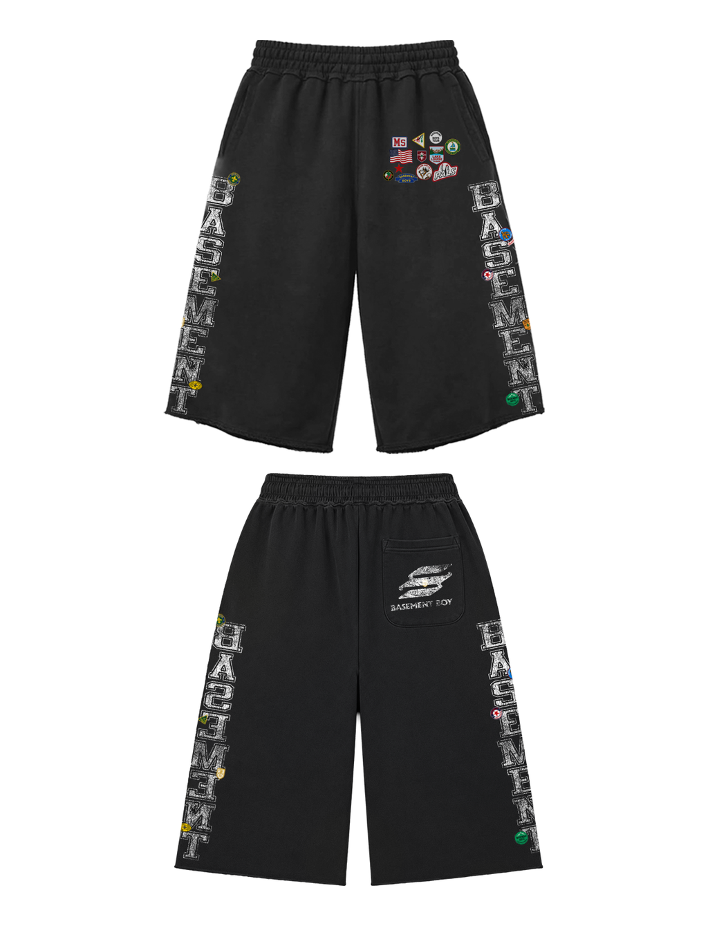 Basement Boy Black 3/4 Patchwork Shorts — oversized cotton wide-leg shorts