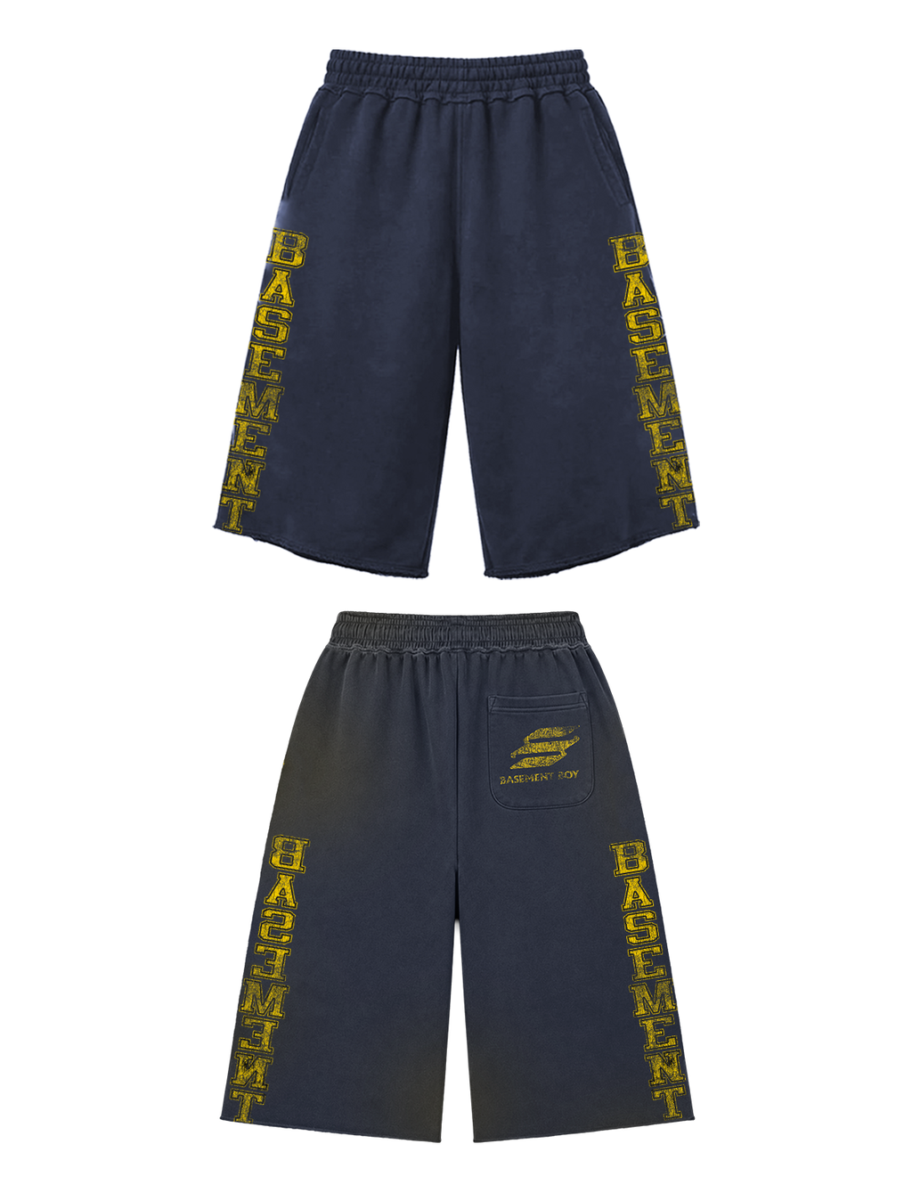 Basement Boy Navy Blue 3/4 Patchwork Shorts — oversized cotton wide-leg shorts