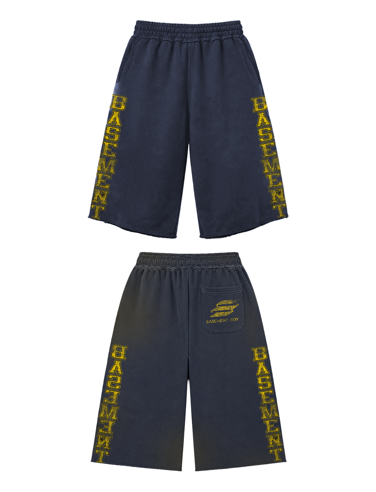 Basement Boy Navy Blue 3/4 Patchwork Shorts — oversized cotton wide-leg shorts